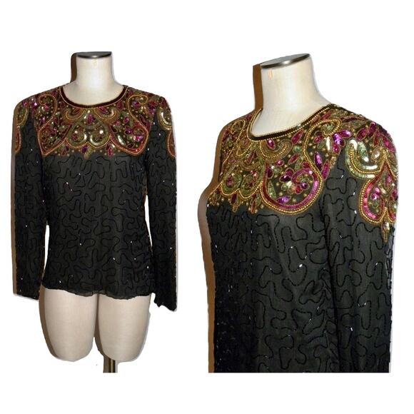 Vintage 80's Black Silk BEADED Top | Colorful Sequin Neckline | S - Picture 1 of 10